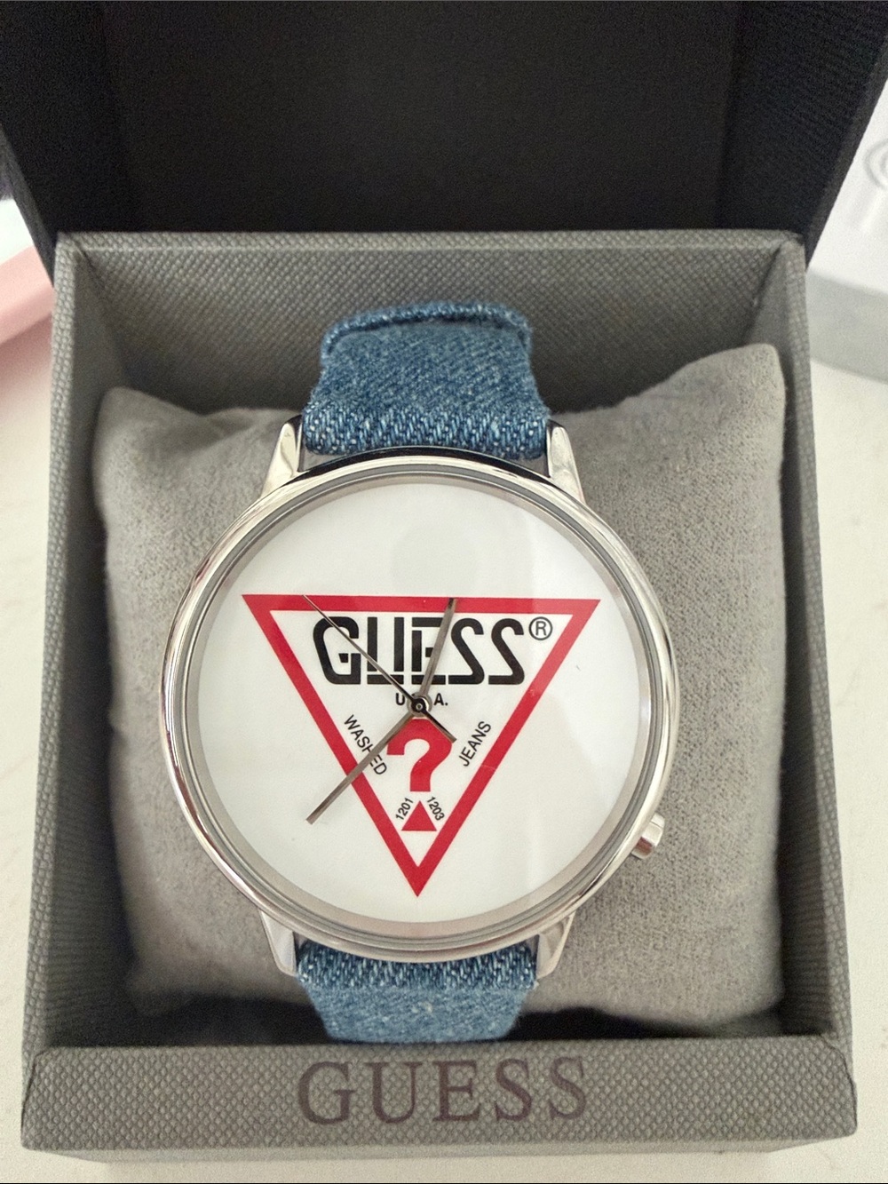 GUESS Silver Case Watch with Blue Denim Strap and Red Logo